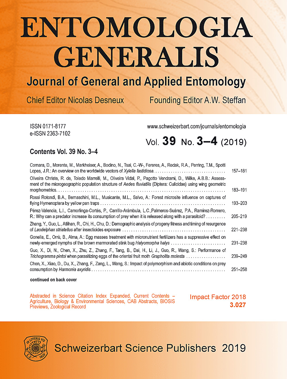 Image de couverture de: Entomologia Generalis Volume 39 Number 3-4