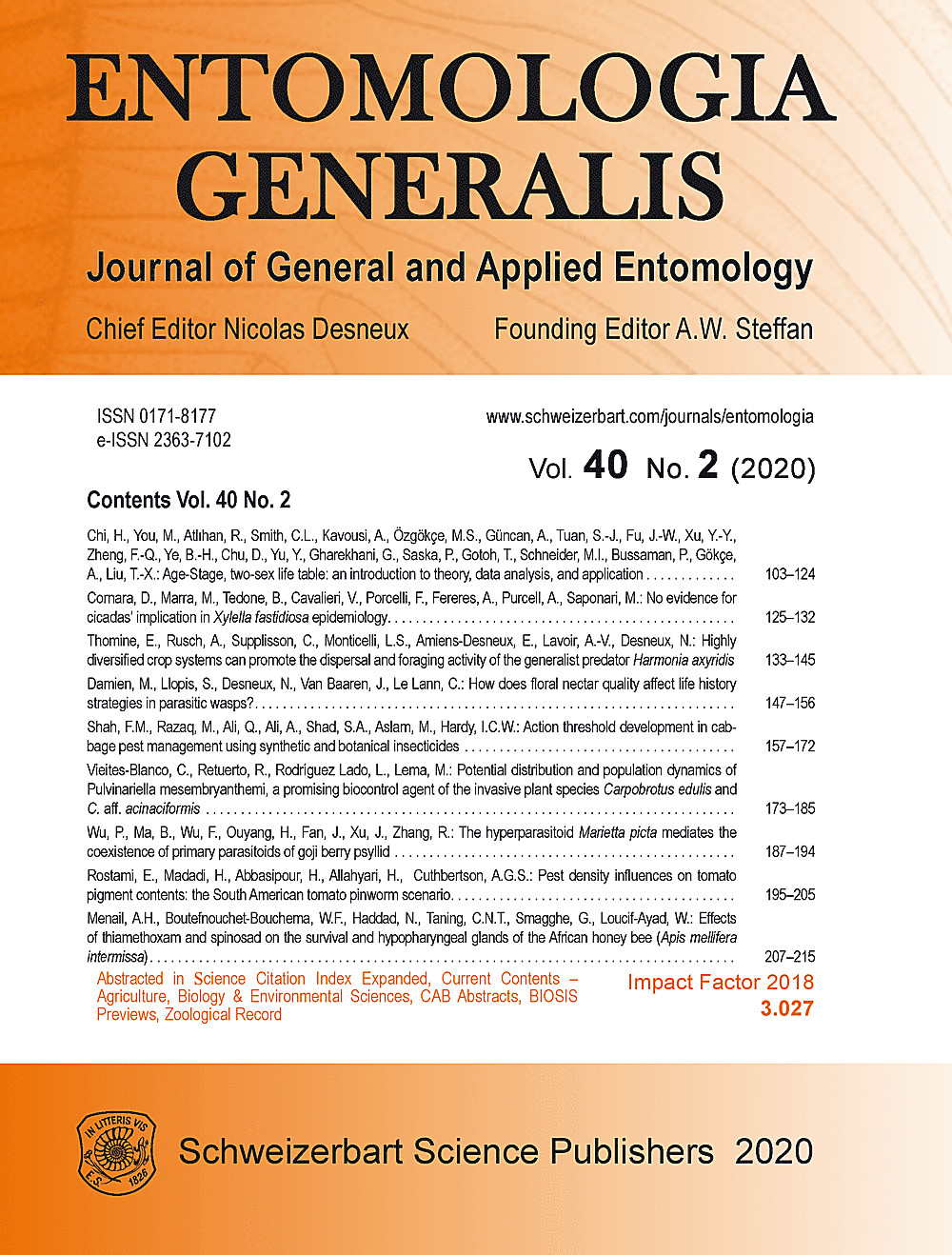 Cover image of: Entomologia Generalis Volume 40 Number 2