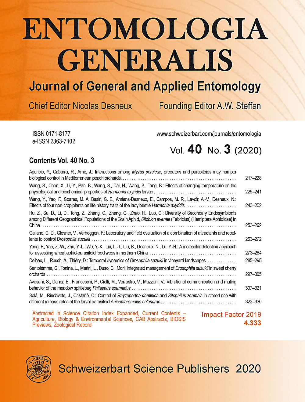 Cover image of: Entomologia Generalis Volume 40 Number 3