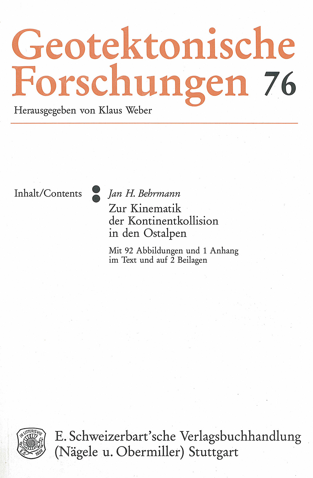 Umschlagbild des Buches: Jan H. Behrmann - Zur Kinematik der Kontinentkollision in den Ostalpen 