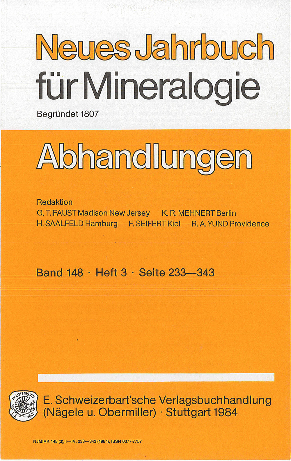 Cover image of: Neues Jahrbuch für Mineralogie - Abhandlungen Band 148 Heft 3