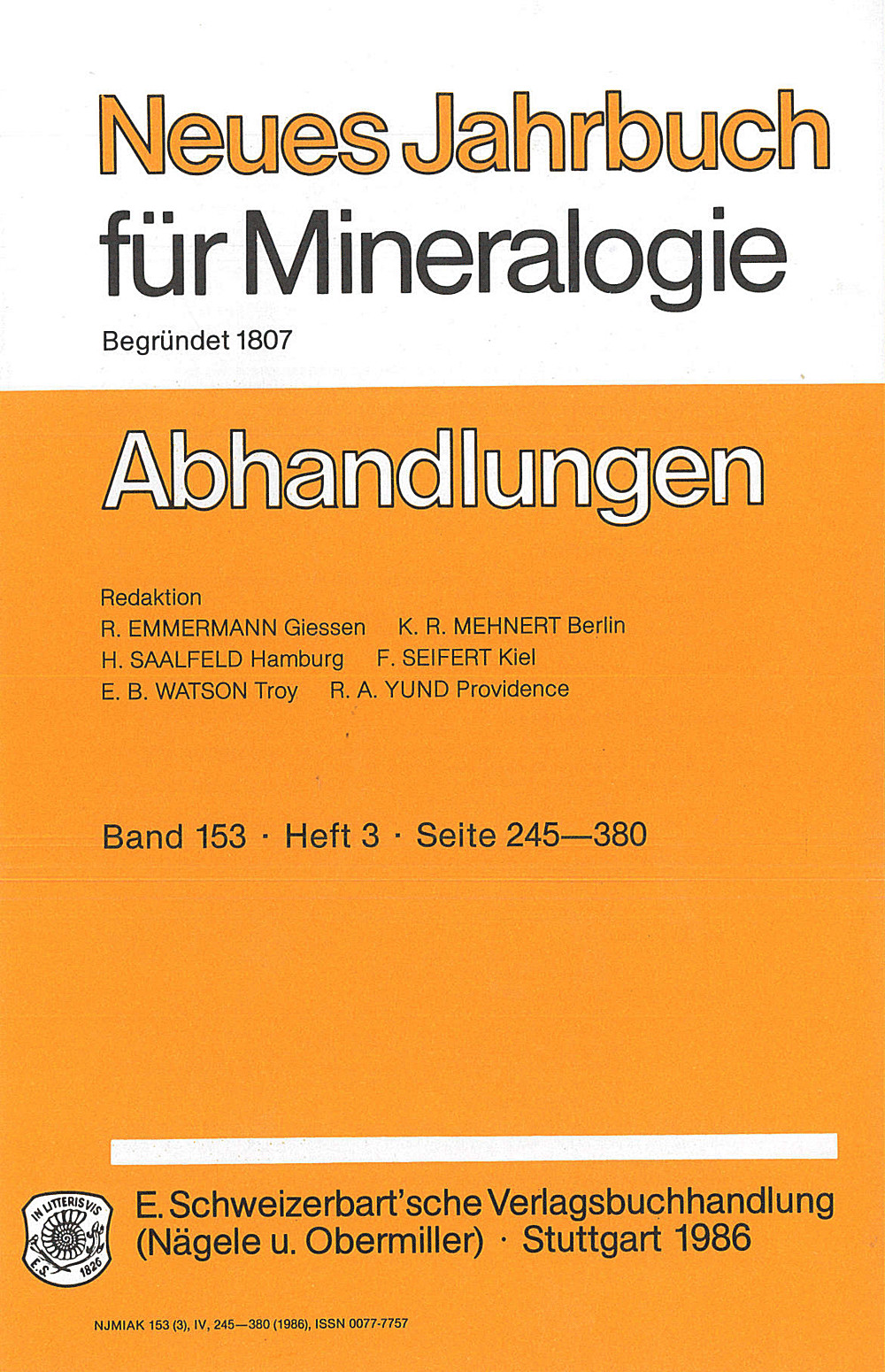 Cover image of: Neues Jahrbuch für Mineralogie - Abhandlungen Band 153 Heft 3