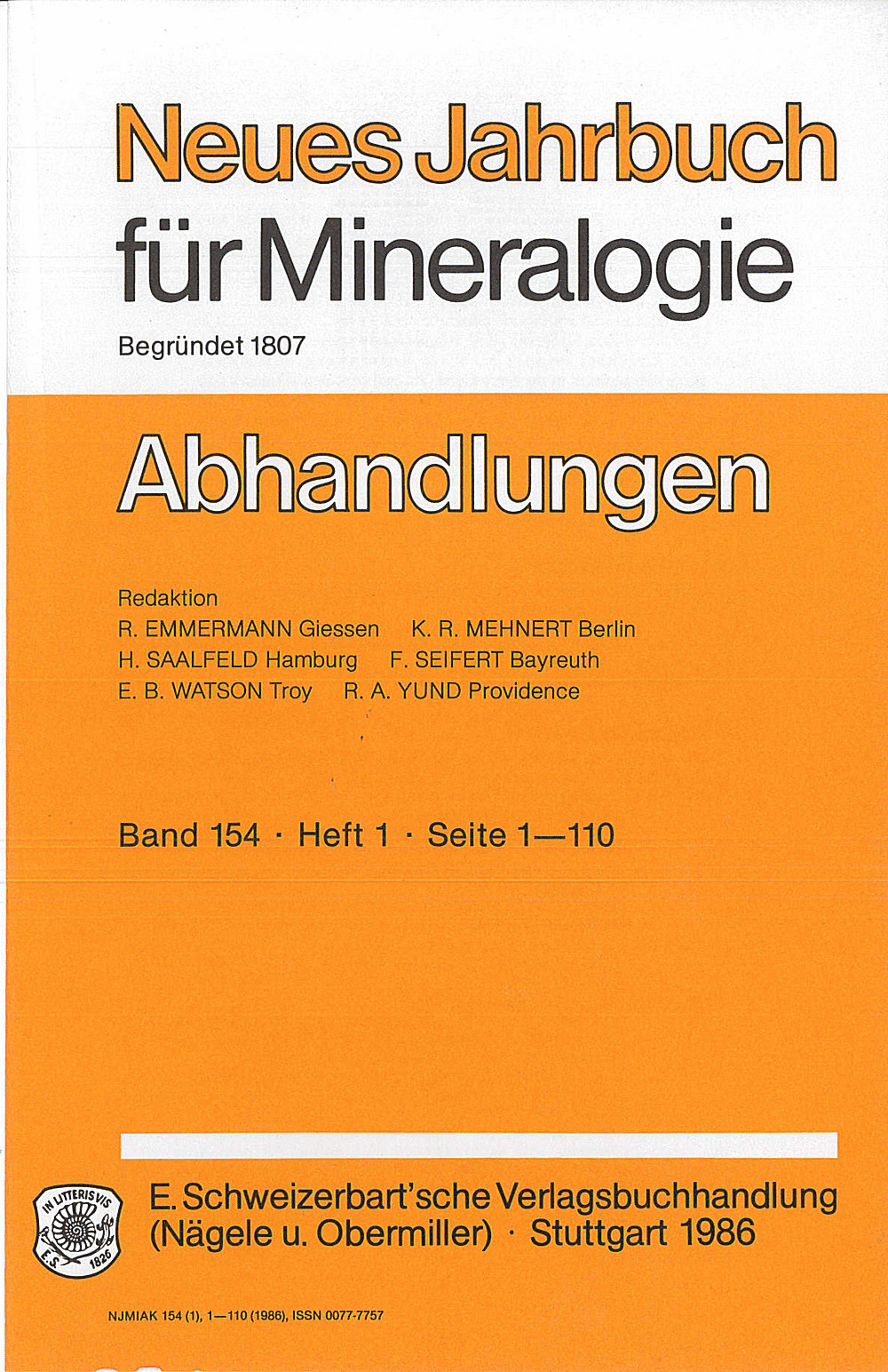 Cover image of: Neues Jahrbuch für Mineralogie - Abhandlungen Band 154 Heft 1