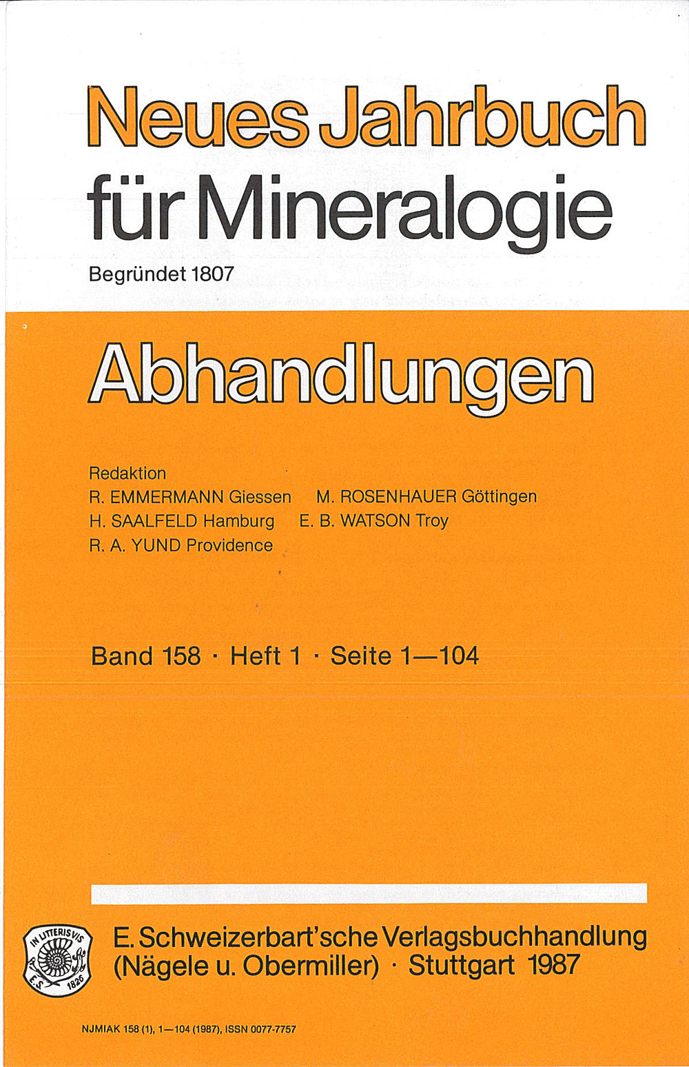 Cover image of: Neues Jahrbuch für Mineralogie - Abhandlungen Band 158 Heft 1