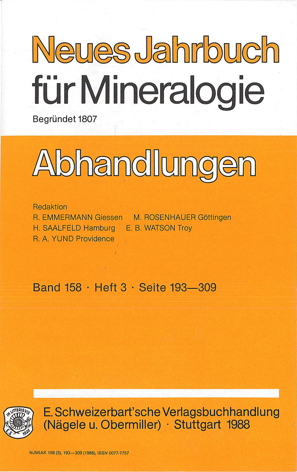Cover image of: Neues Jahrbuch für Mineralogie - Abhandlungen Band 158 Heft 3