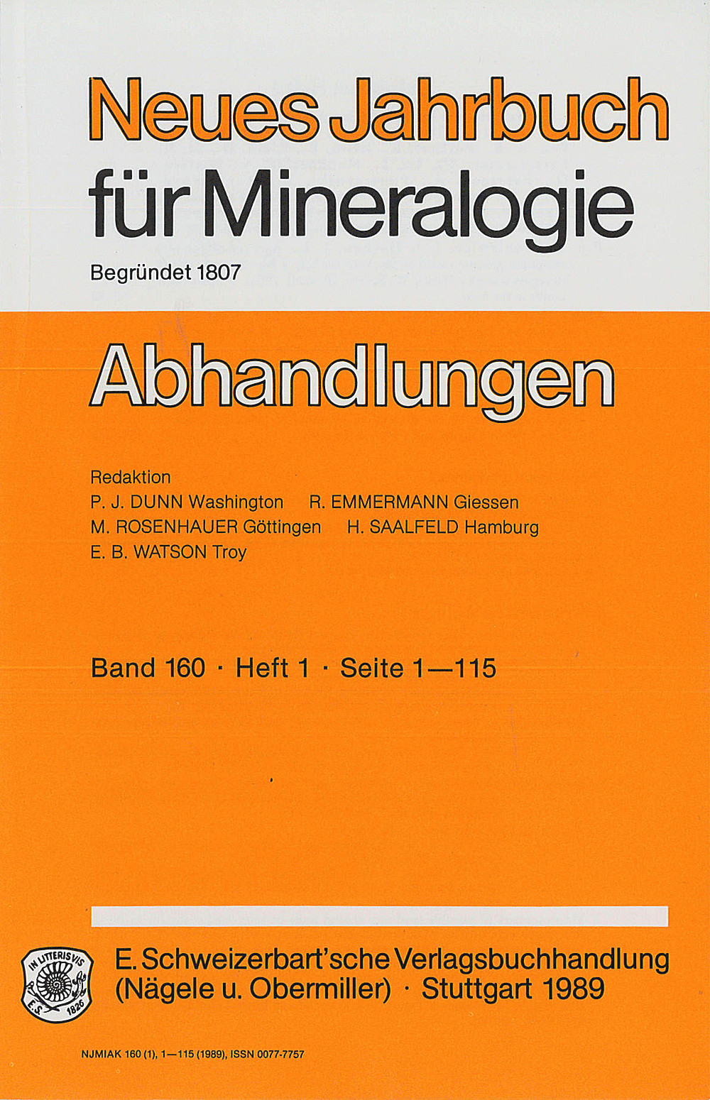 Cover image of: Neues Jahrbuch für Mineralogie - Abhandlungen Band 160 Heft 1