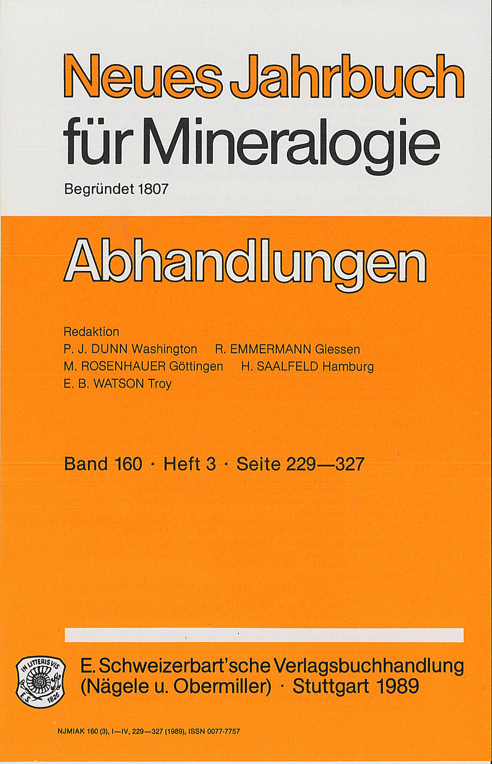 Cover image of: Neues Jahrbuch für Mineralogie - Abhandlungen Band 160 Heft 3