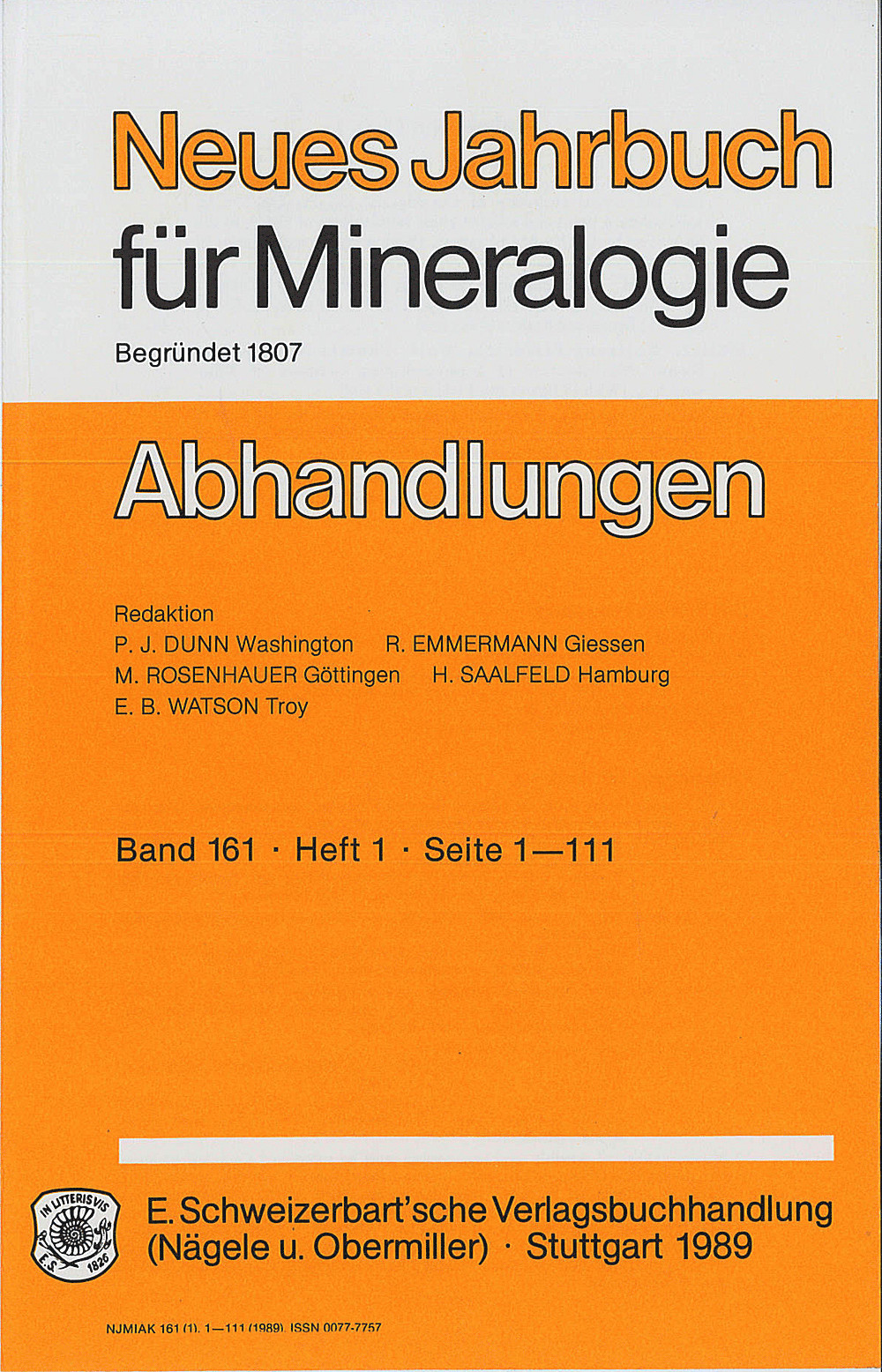 Umschlagbild des Buches: Neues Jahrbuch für Mineralogie - Abhandlungen Band 161 Heft 1