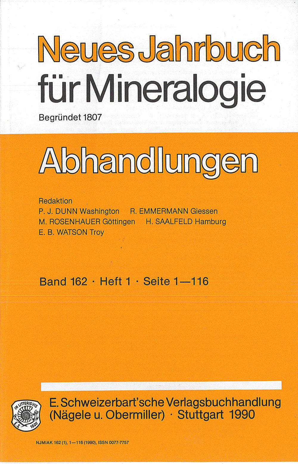 Cover image of: Neues Jahrbuch für Mineralogie - Abhandlungen Band 162 Heft 1