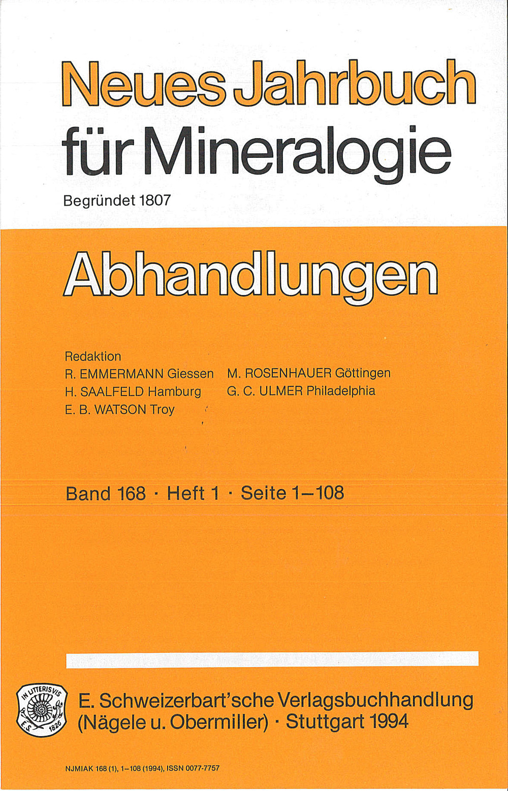 Cover image of: Neues Jahrbuch für Mineralogie - Abhandlungen Band 168 Heft 1