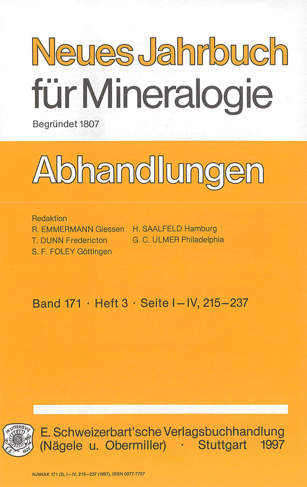 Umschlagbild des Buches: Neues Jahrbuch für Mineralogie - Abhandlungen Band 171 Heft 3