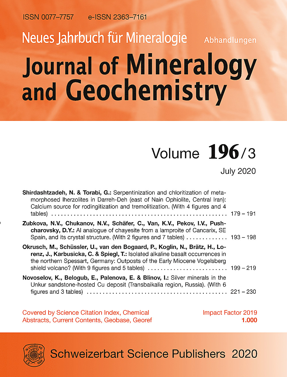 Cover image of: Neues Jahrbuch für Mineralogie - Abhandlungen Band 196 Heft 3