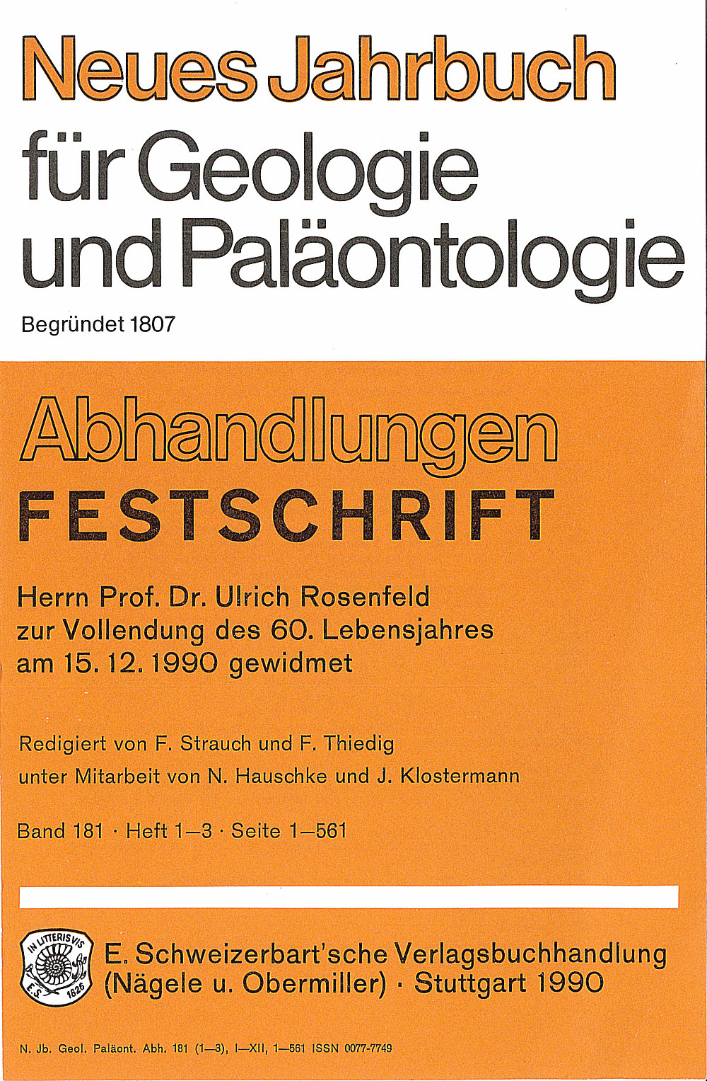 Umschlagbild des Buches: Festschrift: Hern Prof. Dr. Ulrich Rosenfeld zur Vollendungdes 60. Lebensjahres am 15.12.1990 gewidmet.(Redigiert v. F. Strauch u. F. Thiedig)