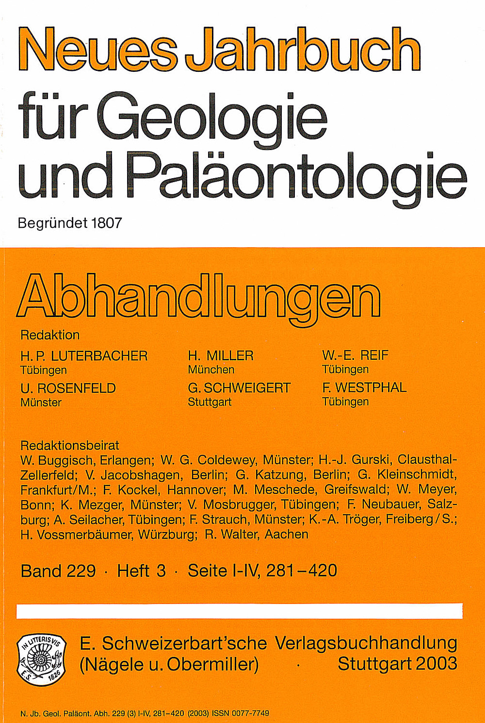 Umschlagbild des Buches: Neues Jahrbuch für Geologie und Paläontologie - Abhandlungen Band 229 Heft 3