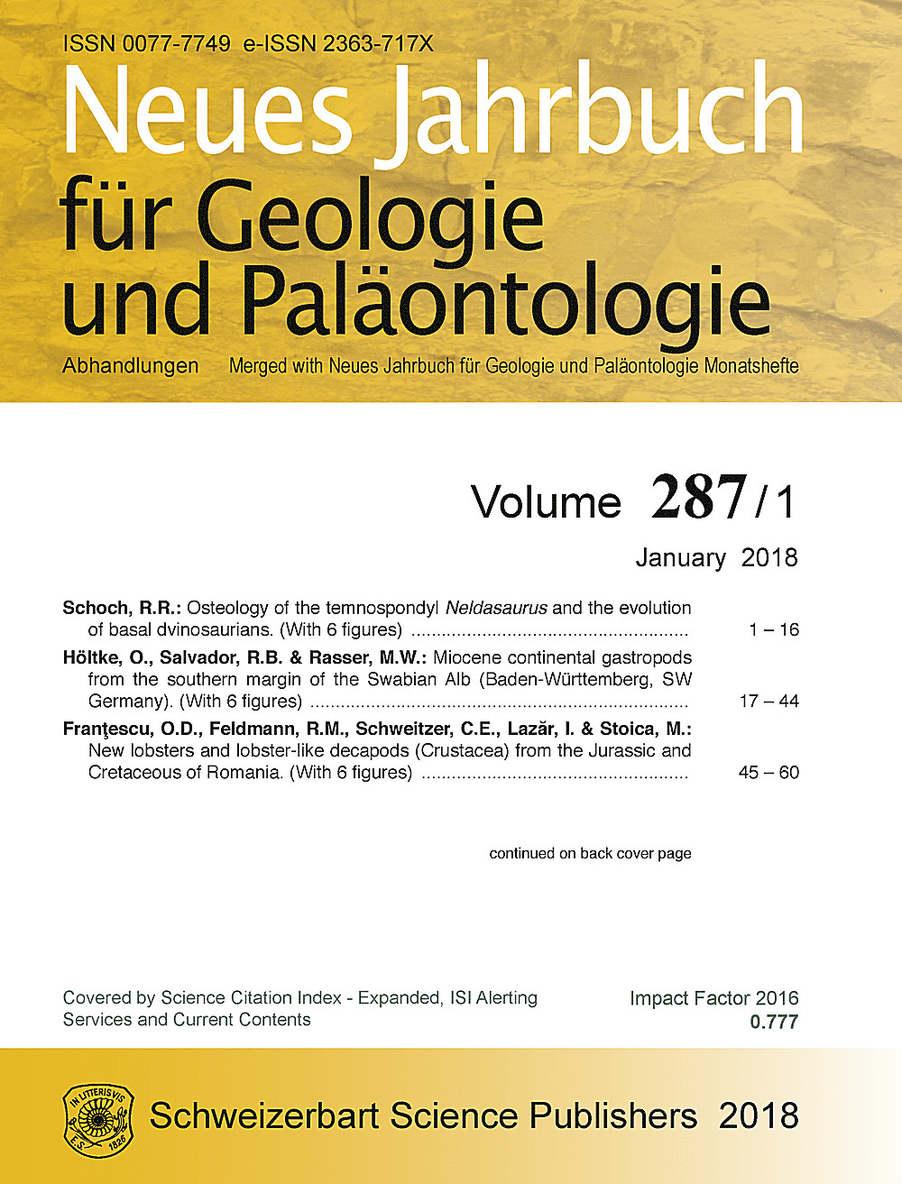 Cover image of: Neues Jahrbuch für Geologie und Paläontologie - Abhandlungen Band 287 Heft 1