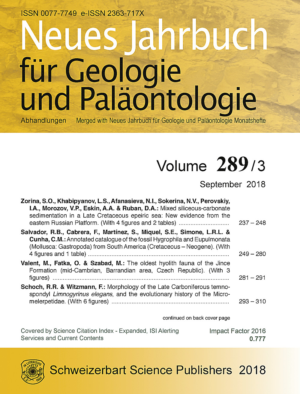 Umschlagbild des Buches: Neues Jahrbuch für Geologie und Paläontologie - Abhandlungen Band 289 Heft 3