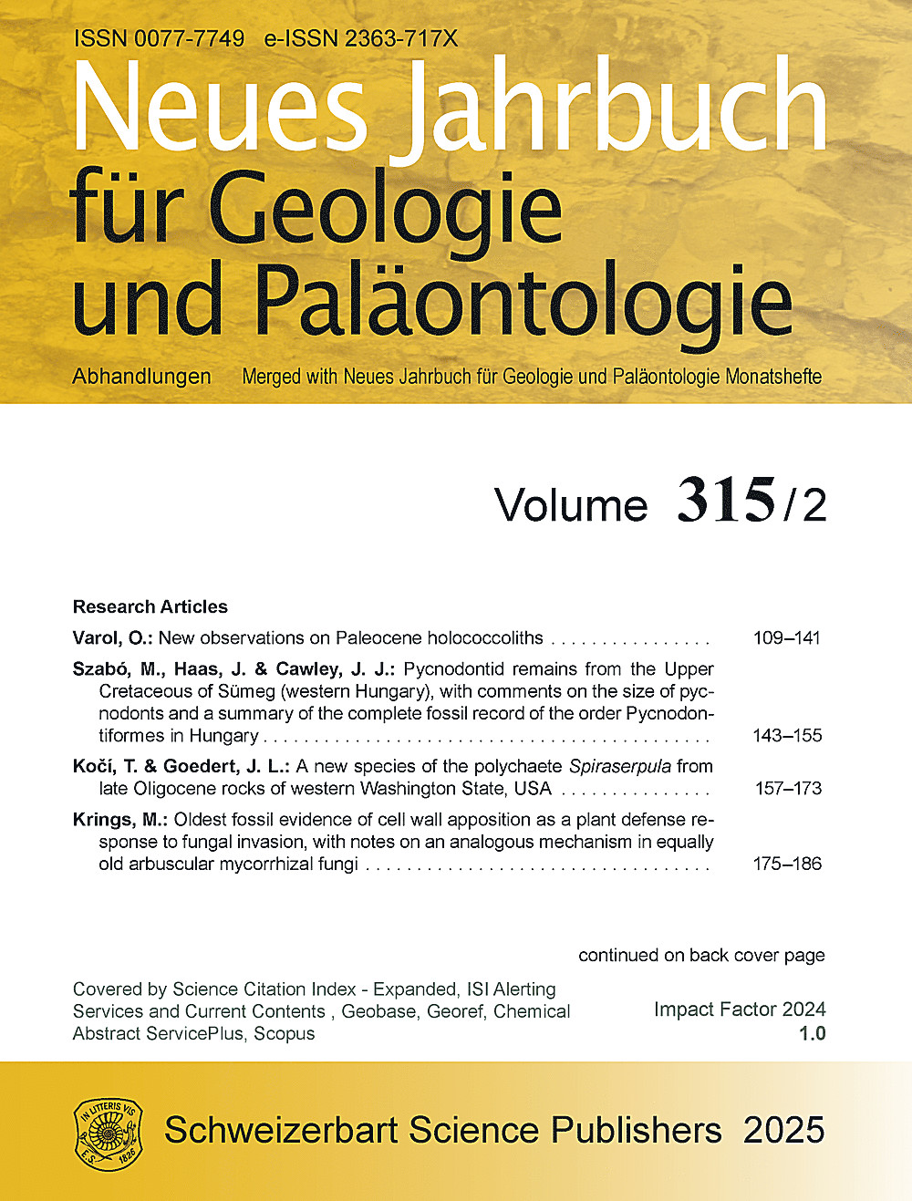 Umschlagbild des Buches: Neues Jahrbuch für Geologie und Paläontologie - Abhandlungen Band 315 Heft 2