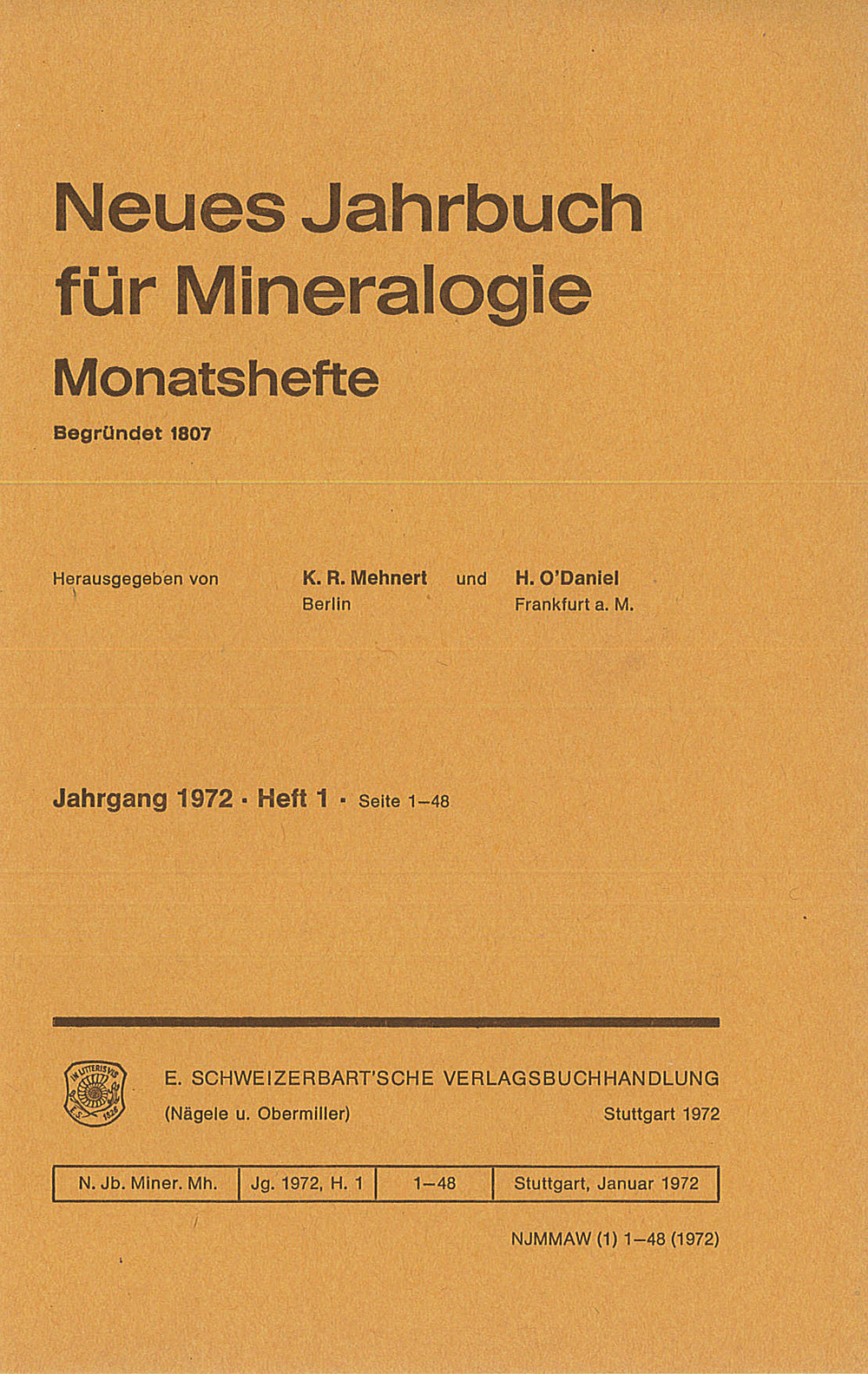 Umschlagbild des Buches: Neues Jahrbuch für Mineralogie - Monatshefte Jg. 1972 Heft 1