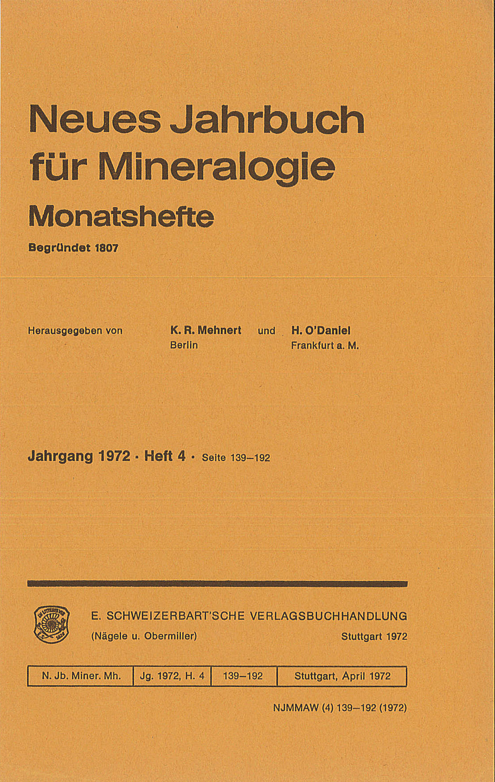 Umschlagbild des Buches: Neues Jahrbuch für Mineralogie - Monatshefte Jg. 1972 Heft 4