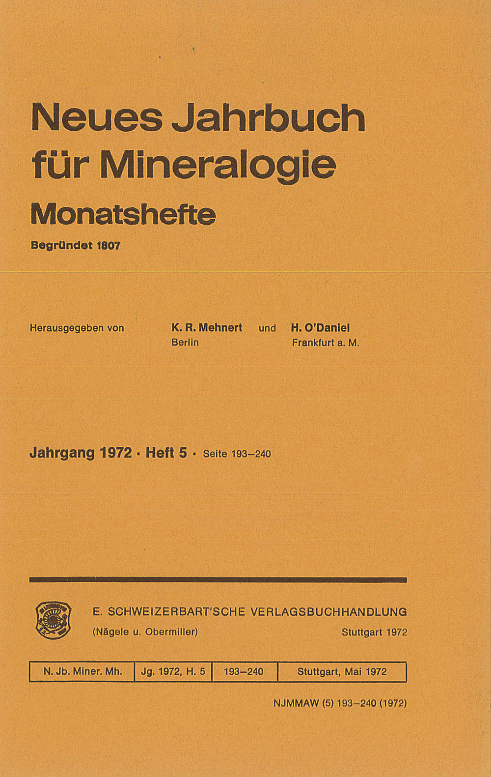 Umschlagbild des Buches: Neues Jahrbuch für Mineralogie - Monatshefte Jg. 1972 Heft 5