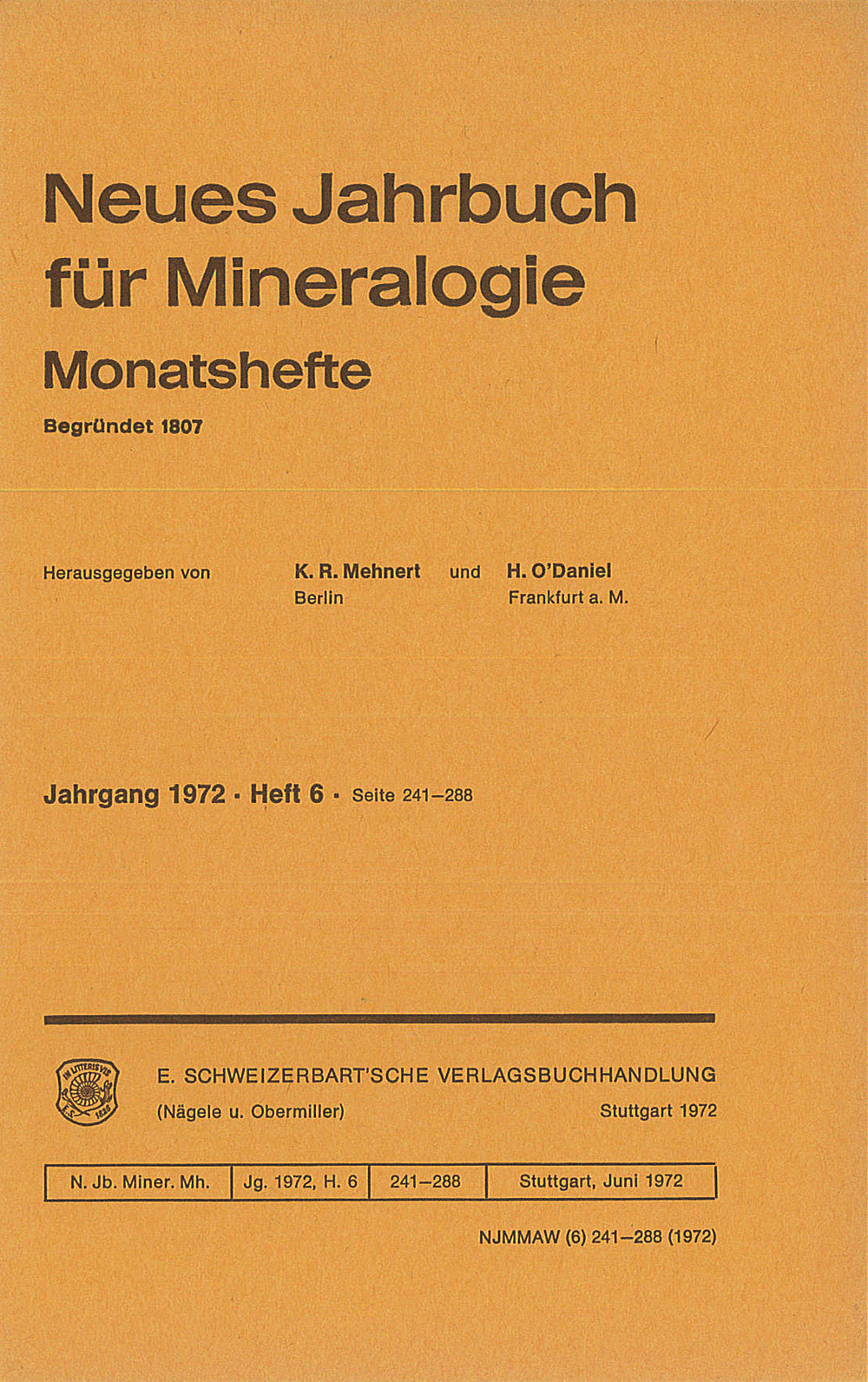 Umschlagbild des Buches: Neues Jahrbuch für Mineralogie - Monatshefte Jg. 1972 Heft 6