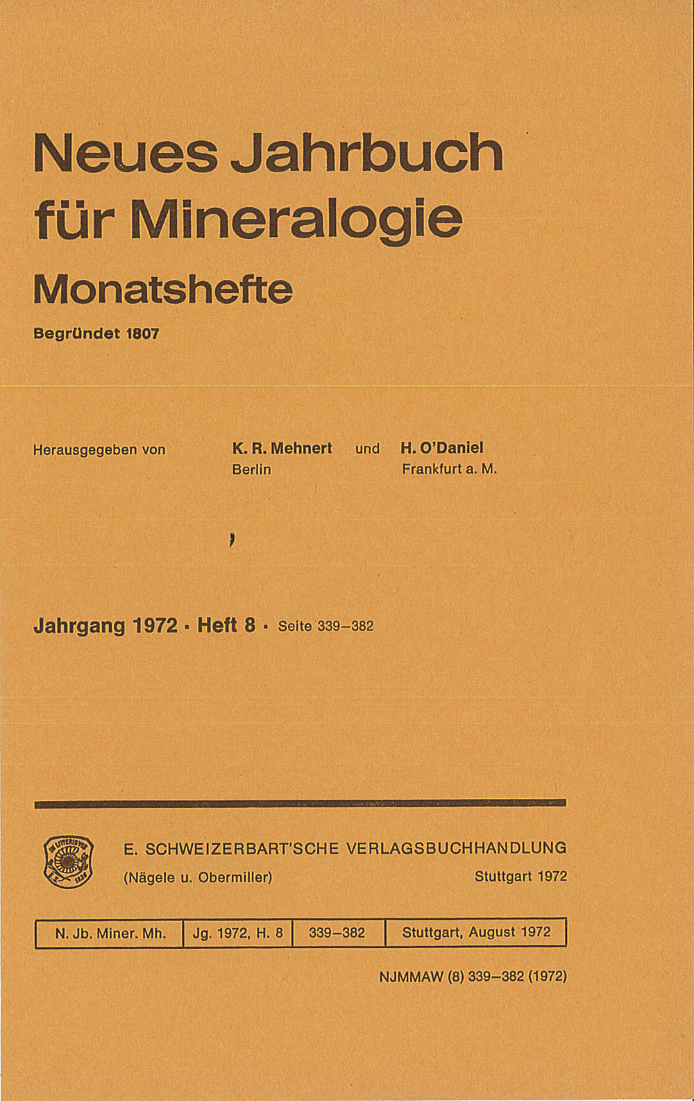 Umschlagbild des Buches: Neues Jahrbuch für Mineralogie - Monatshefte Jg. 1972 Heft 8