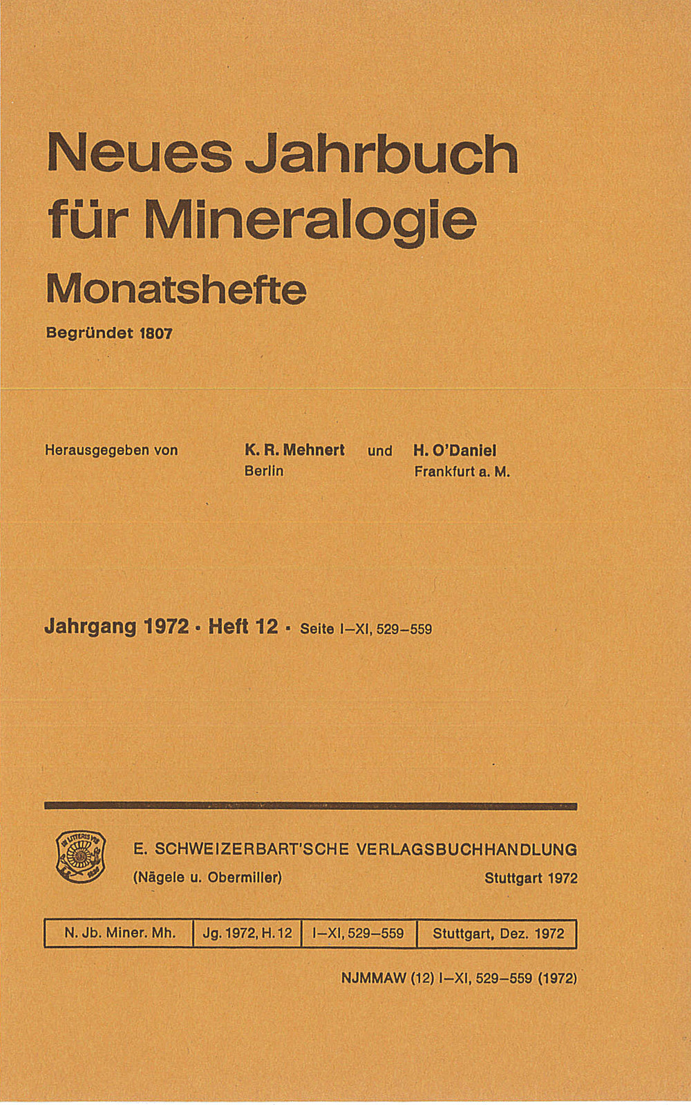 Umschlagbild des Buches: Neues Jahrbuch für Mineralogie - Monatshefte Jg. 1972 Heft 12