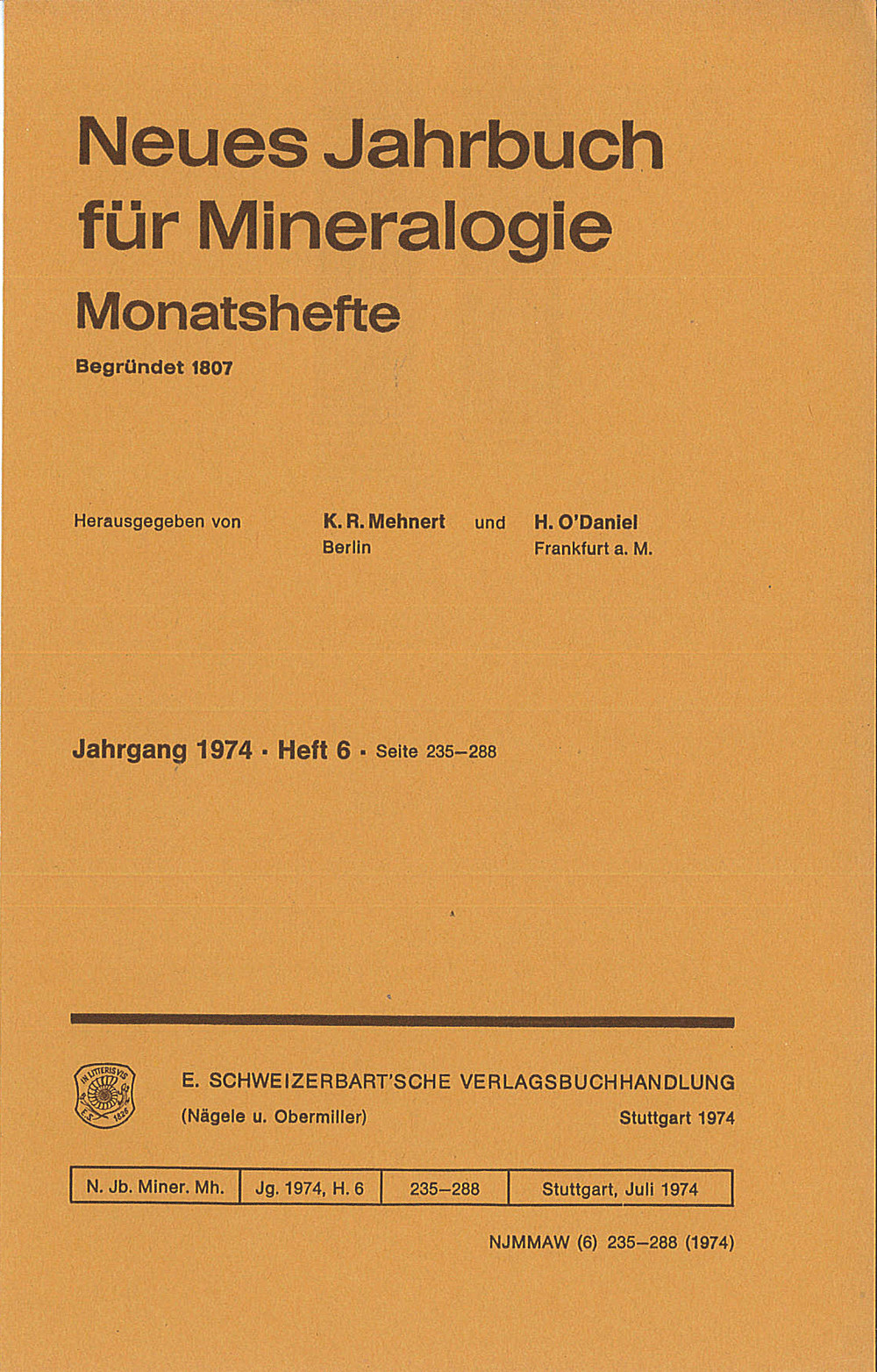 Cover image of: Neues Jahrbuch für Mineralogie - Monatshefte Jg. 1974 Heft 6
