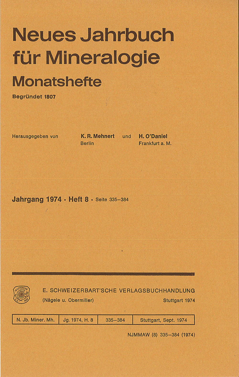Cover image of: Neues Jahrbuch für Mineralogie - Monatshefte Jg. 1974 Heft 8