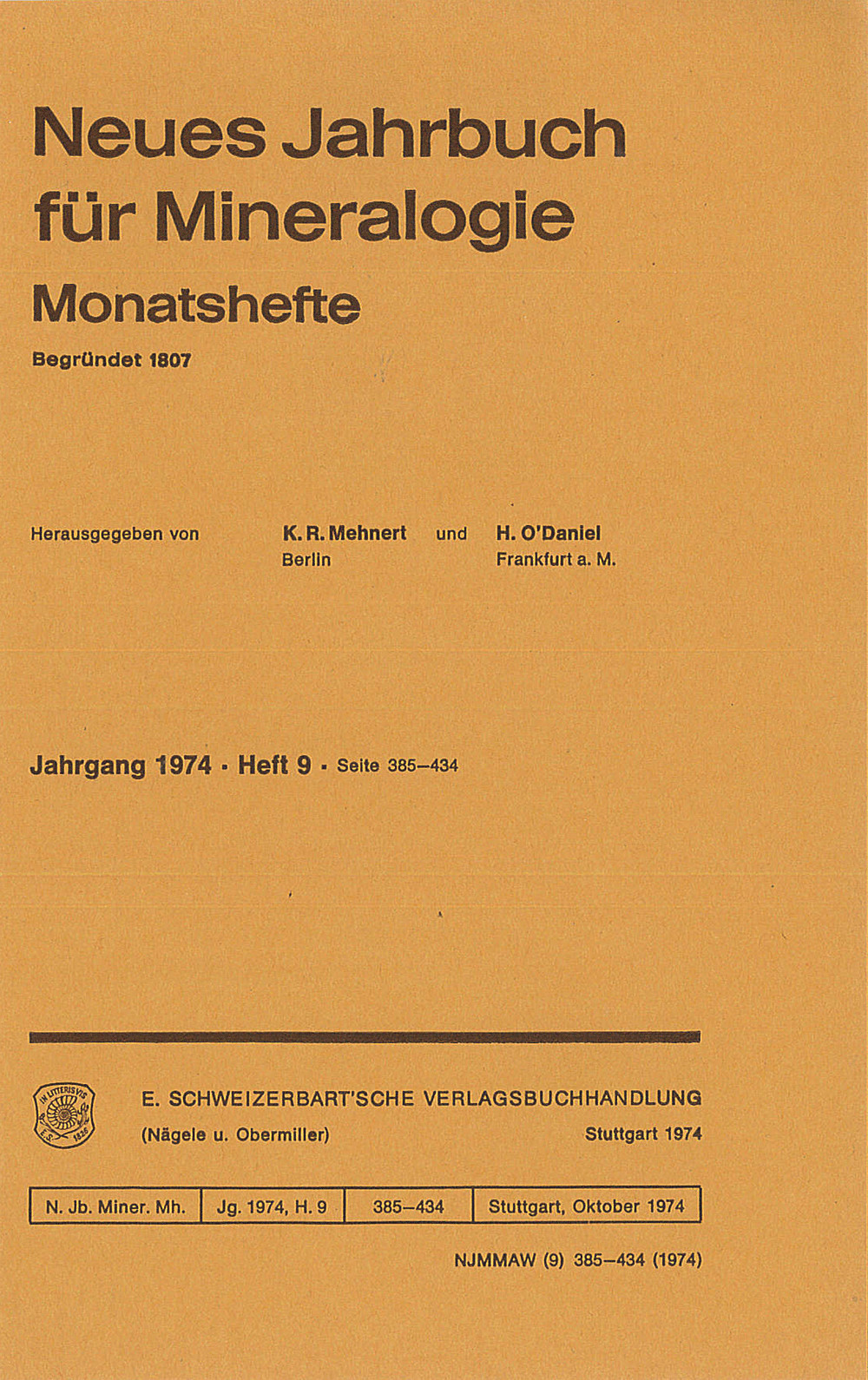 Cover image of: Neues Jahrbuch für Mineralogie - Monatshefte Jg. 1974 Heft 9
