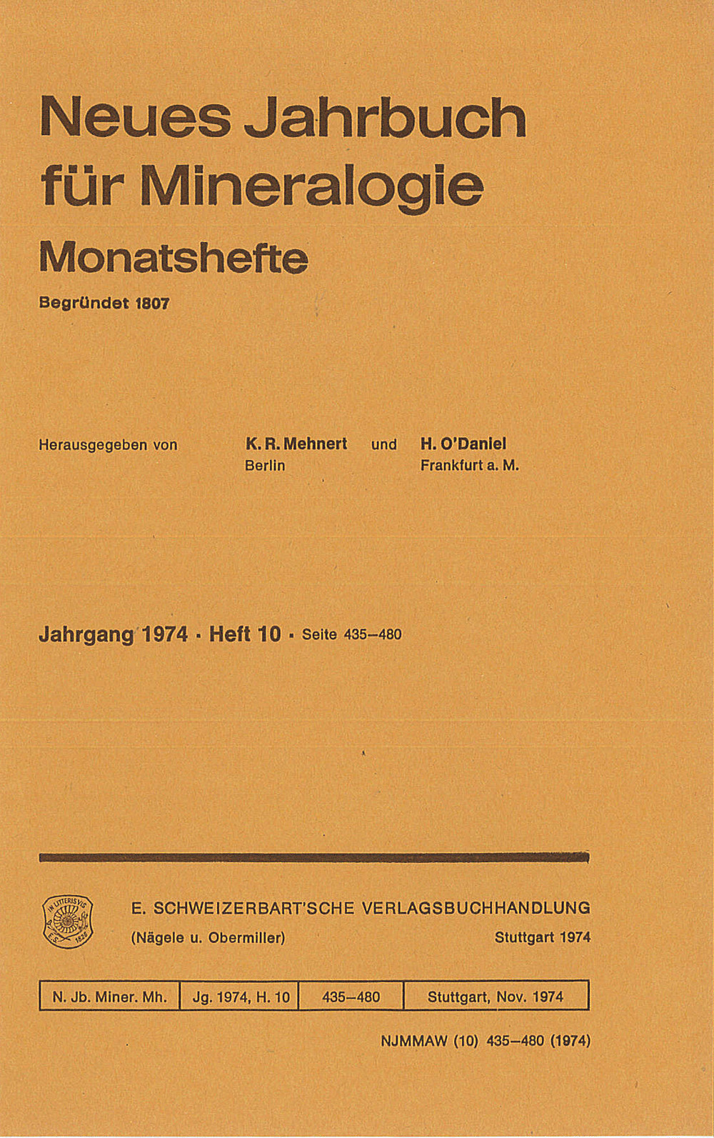Cover image of: Neues Jahrbuch für Mineralogie - Monatshefte Jg. 1974 Heft 10