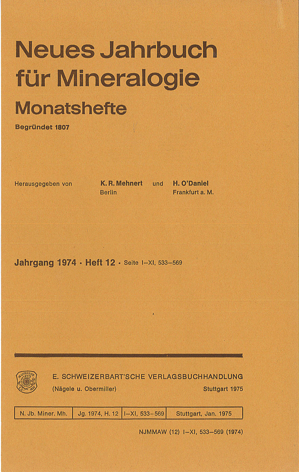 Cover image of: Neues Jahrbuch für Mineralogie - Monatshefte Jg. 1974 Heft 12