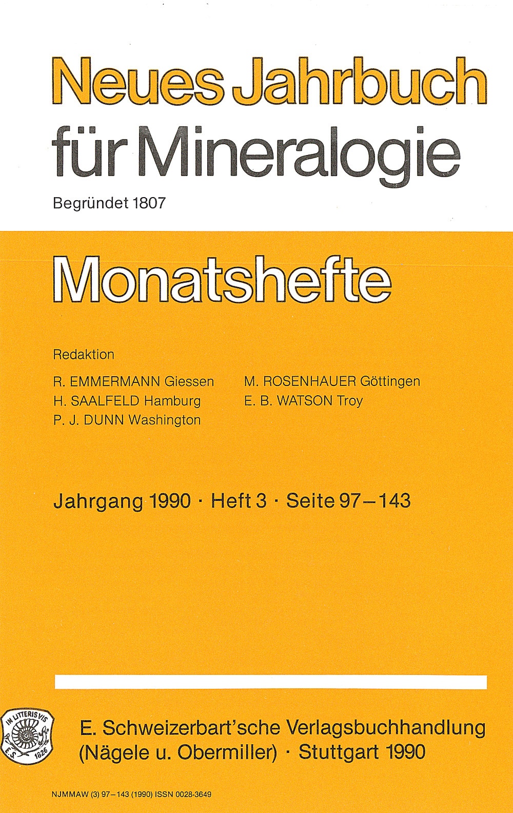 Cover image of: - Neues Jahrbuch für Mineralogie - Monatshefte Jg. 1990 Heft 3 Monatshefte (1 Vol. = 2 Semester/year, 6 nos. = 1 Semester)