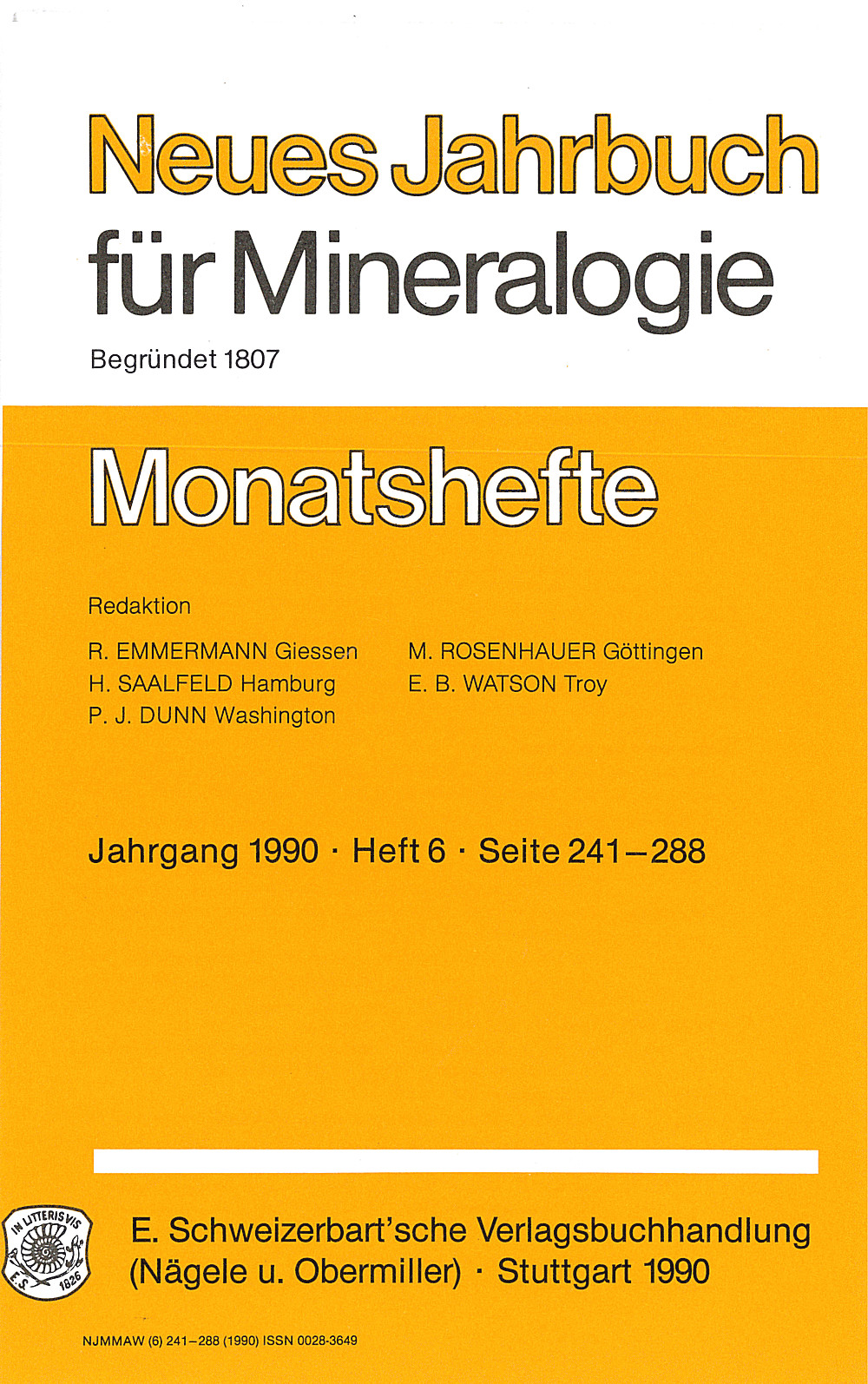 Cover image of: - Neues Jahrbuch für Mineralogie - Monatshefte Jg. 1990 Heft 6 Monatshefte/(1 Vol. = 2 Semester/Year, 6 nos. = 1 Semester)