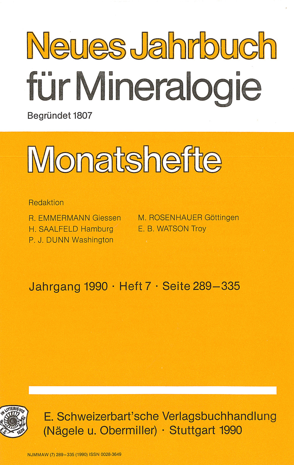 Cover image of: - Neues Jahrbuch für Mineralogie - Monatshefte Jg. 1990 Heft 7 Monatshefte/(1 Vol. = 2 Semester/Year, 6 nos. = 1 Semester)