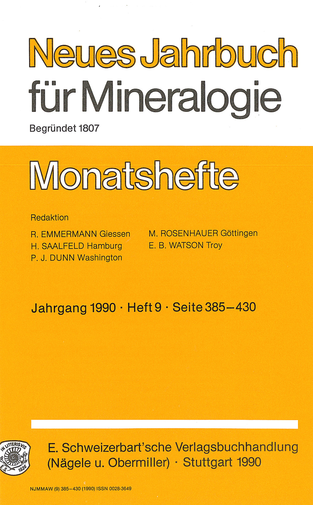 Cover image of: - Neues Jahrbuch für Mineralogie - Monatshefte Jg. 1990 Heft 9 Monatshefte/(1 Vol. = 2 Semester/Year, 6 nos. = 1 Semester)