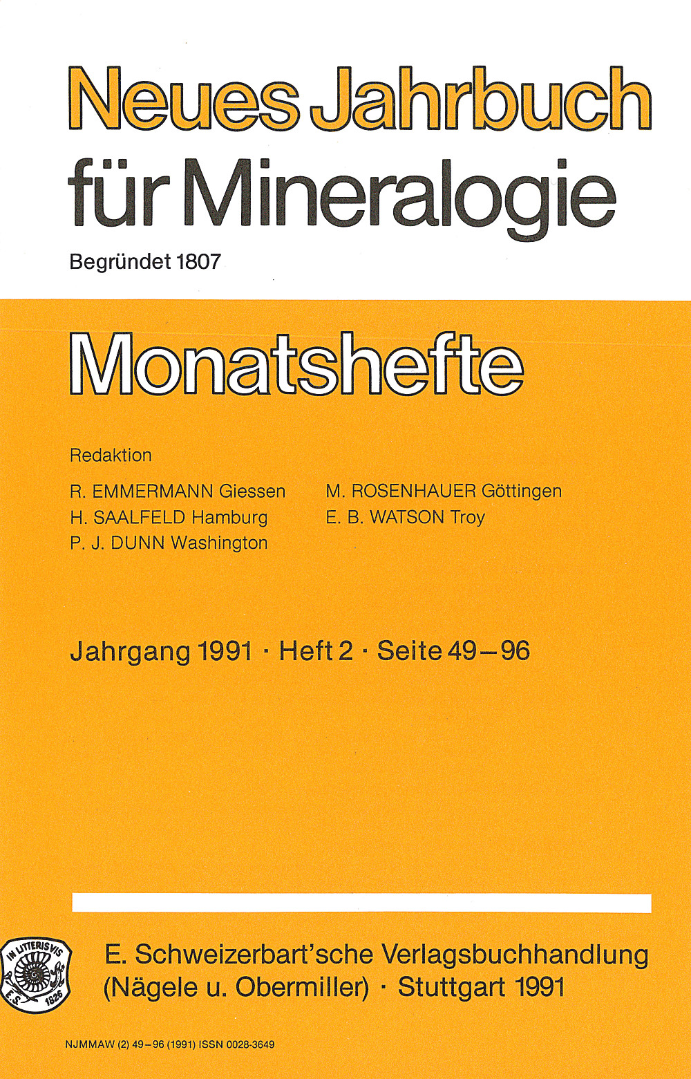 Umschlagbild des Buches:  - Neues Jahrbuch für Mineralogie - Monatshefte Jg. 1991 Heft 2 Monatshefte/(1 Vol. = 2 Semester/Year, 6 nos. = 1 Semester)