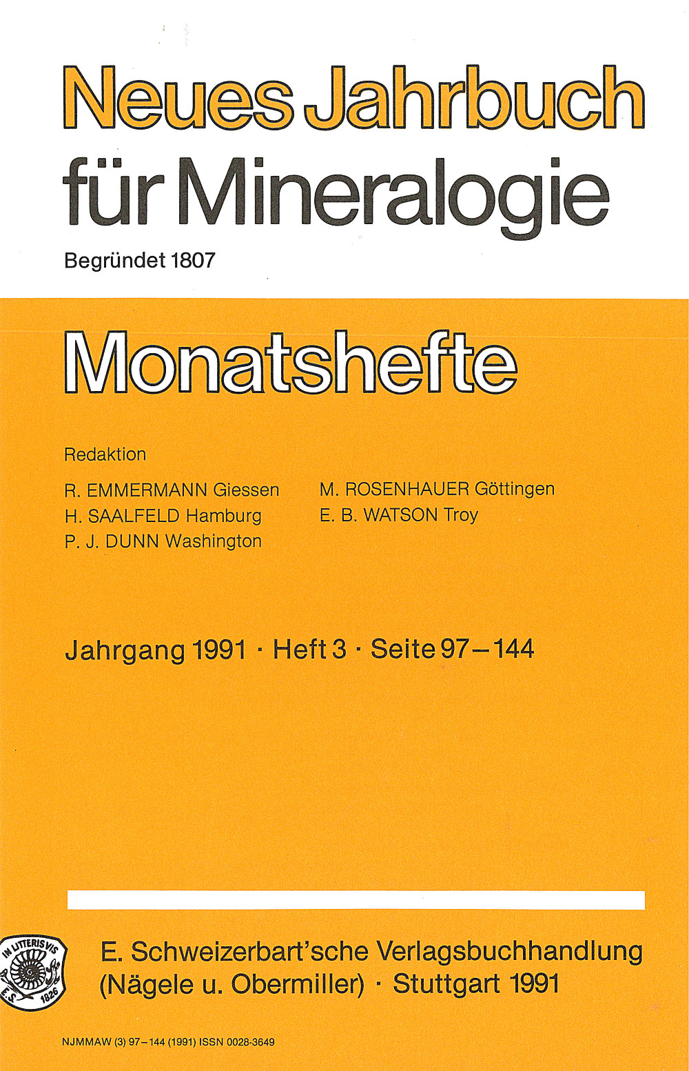 Umschlagbild des Buches: - Neues Jahrbuch für Mineralogie - Monatshefte Jg. 1991 Heft 3 Monatshefte/(1 Vol. = 2 Semester/Year, 6 nos. = 1 Semester)