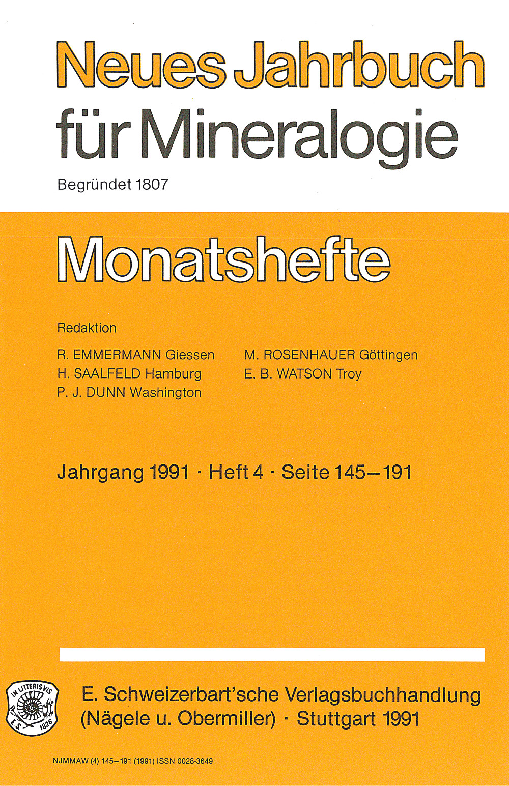 Cover image of:  - Neues Jahrbuch für Mineralogie - Monatshefte Jg. 1991 Heft 4 Monatshefte (1 Vol. = 2 Semester/year, 6 nos. = 1 Semester)