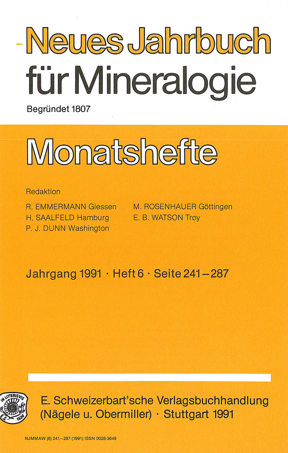 Cover image of:  - Neues Jahrbuch für Mineralogie - Monatshefte Jg. 1991 Heft 6 Monatshefte (1 Vol. = 2 Semester/year, 6 nos. = 1 Semester)