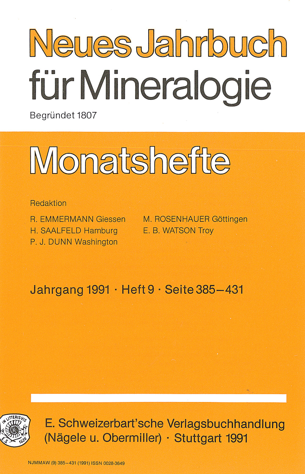 Image de couverture de:  - Neues Jahrbuch für Mineralogie - Monatshefte Jg. 1991 Heft 9 Monatshefte (1 Vol. = 2 Semester/year, 6 nos. = 1 Semester)