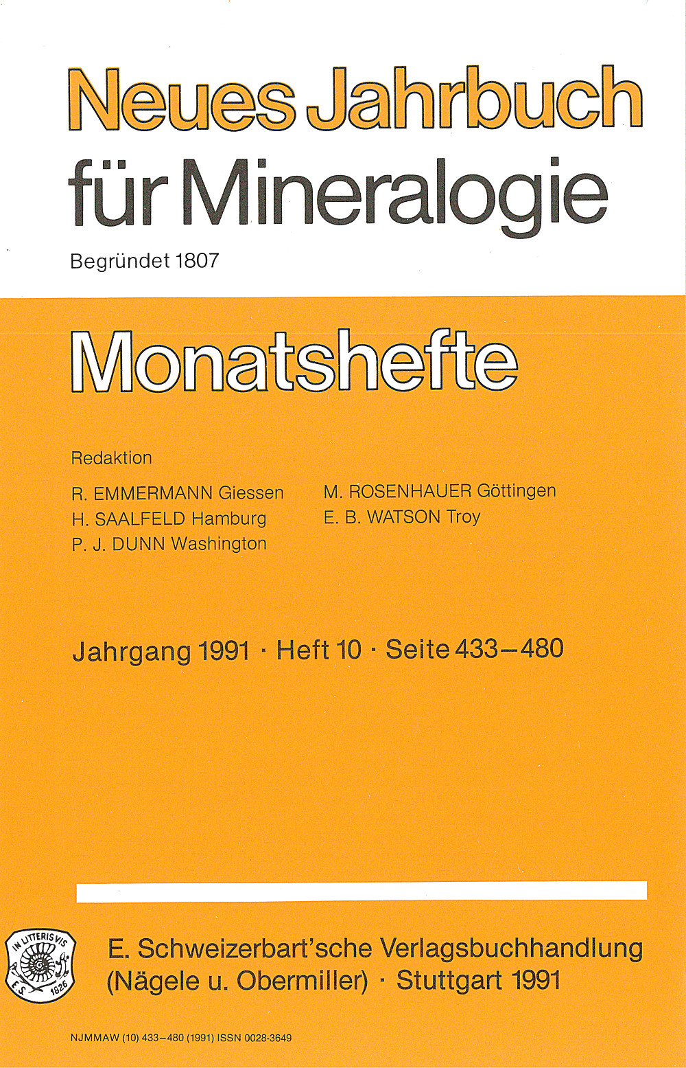 Cover image of: - Neues Jahrbuch für Mineralogie - Monatshefte Jg. 1991 Heft 10 Monatshefte (1 Vol.= 2 Semester year, 6 nos. = 1 Semester)