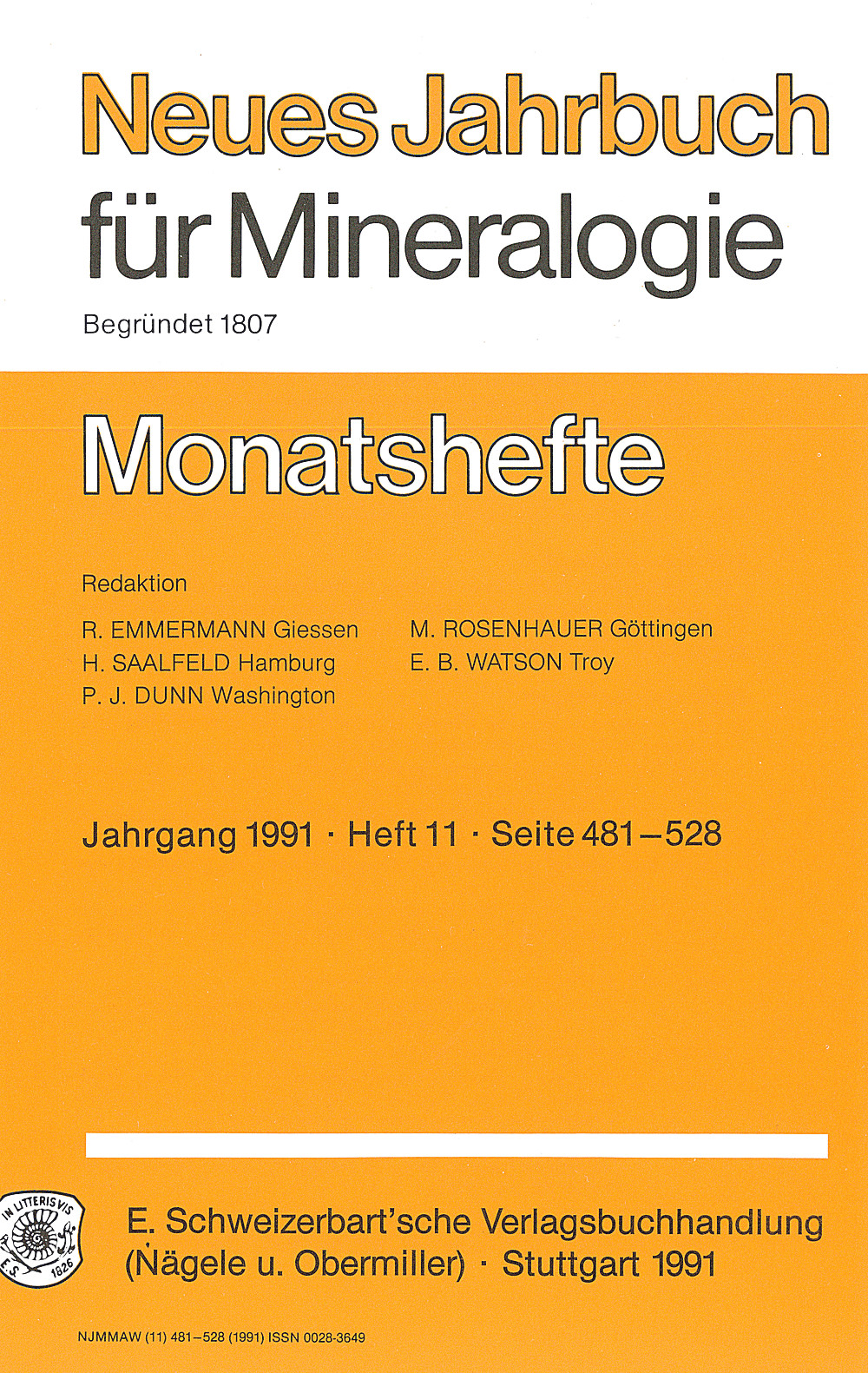 Image de couverture de:  - Neues Jahrbuch für Mineralogie - Monatshefte Jg. 1991 Heft 11 Monatshefte (1 Vol. = 2 Semester/year, 6 nos. = 1 Semester)