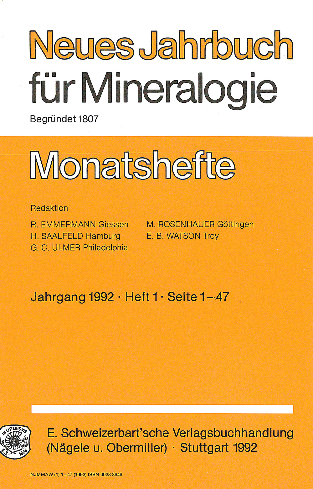 Cover image of: - Neues Jahrbuch für Mineralogie - Monatshefte Jg. 1992 Heft 1 Monatshefte (1 Vol. = 2 Semester/year, 6 nos.= 1 Semester)