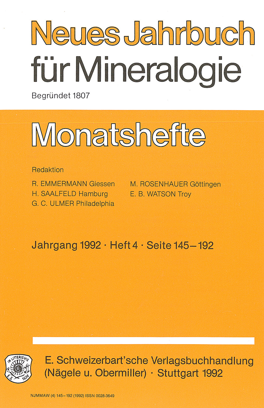 Cover image of:  - Neues Jahrbuch für Mineralogie - Monatshefte Jg. 1992 Heft 4 Monatshefte (1 Vol. = 2 Semester/year, 6 nos. = 1 Semester)