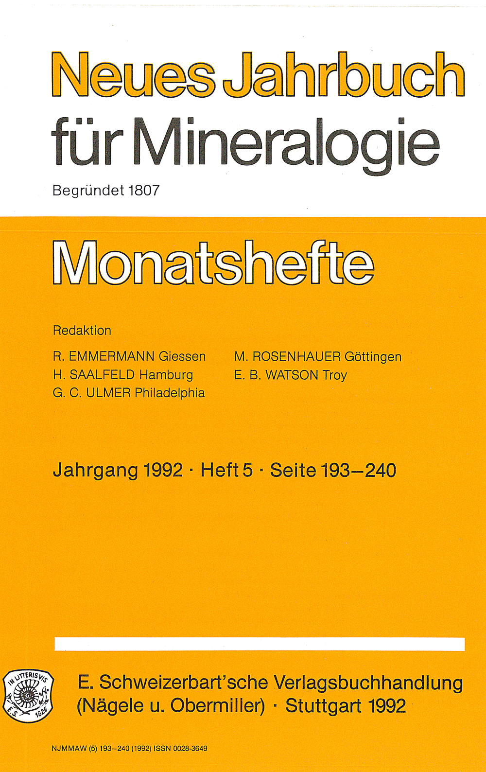 Umschlagbild des Buches:  - Neues Jahrbuch für Mineralogie - Monatshefte Jg. 1992 Heft 5 Monatshefte (1 Vol. = 2 Semester/year, 6 nos. = 1 Semester)