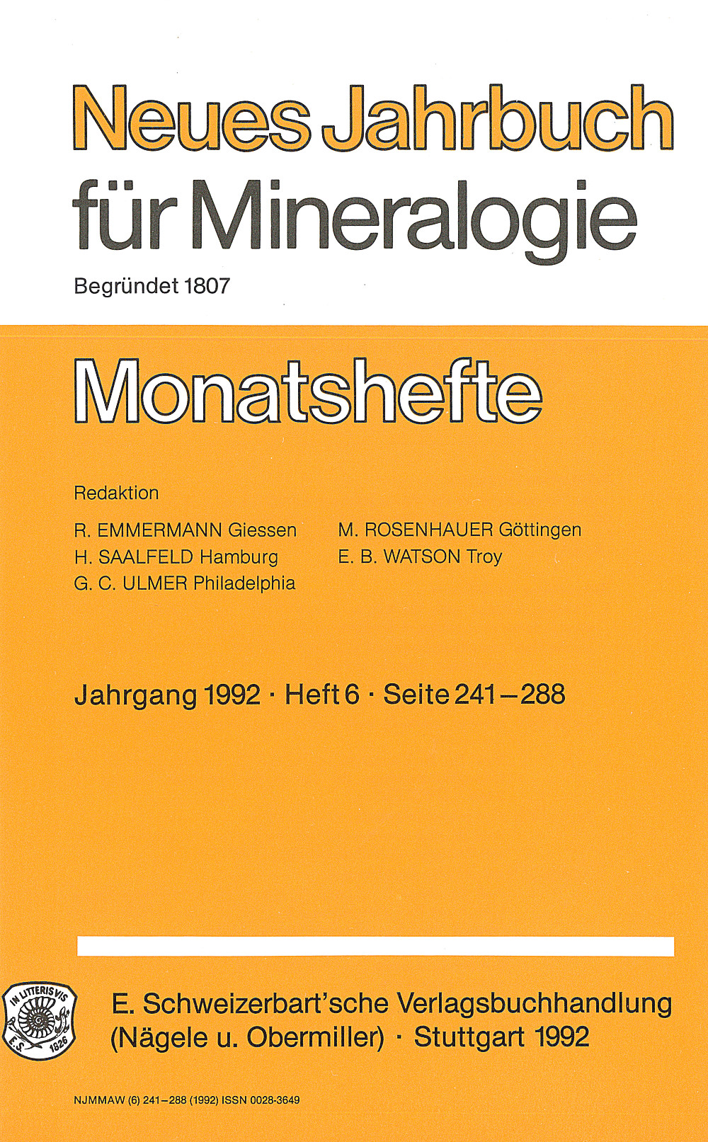 Umschlagbild des Buches:  - Neues Jahrbuch für Mineralogie - Monatshefte Jg. 1992 Heft 6 Monatshefte (1 Vol. = 2 Semester/year, 6 nos. = 1 Semester)