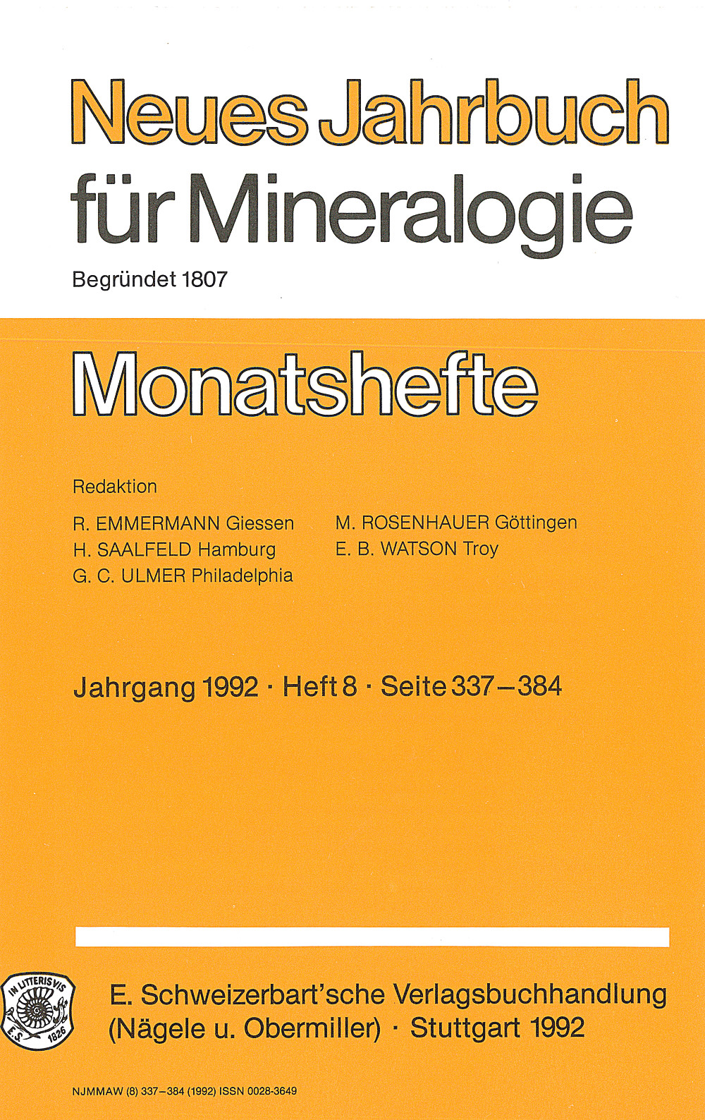 Umschlagbild des Buches:  - Neues Jahrbuch für Mineralogie - Monatshefte Jg. 1992 Heft 8 Monatshefte (1 Vol.= 2 Semester/year, 6 nos. = 1 Semester)