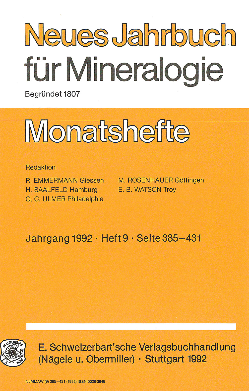 Image de couverture de:  - Neues Jahrbuch für Mineralogie - Monatshefte Jg. 1992 Heft 9 Monatshefte (1 Vol. = 2 Semester/year, 6 nos. = 1 Semester)