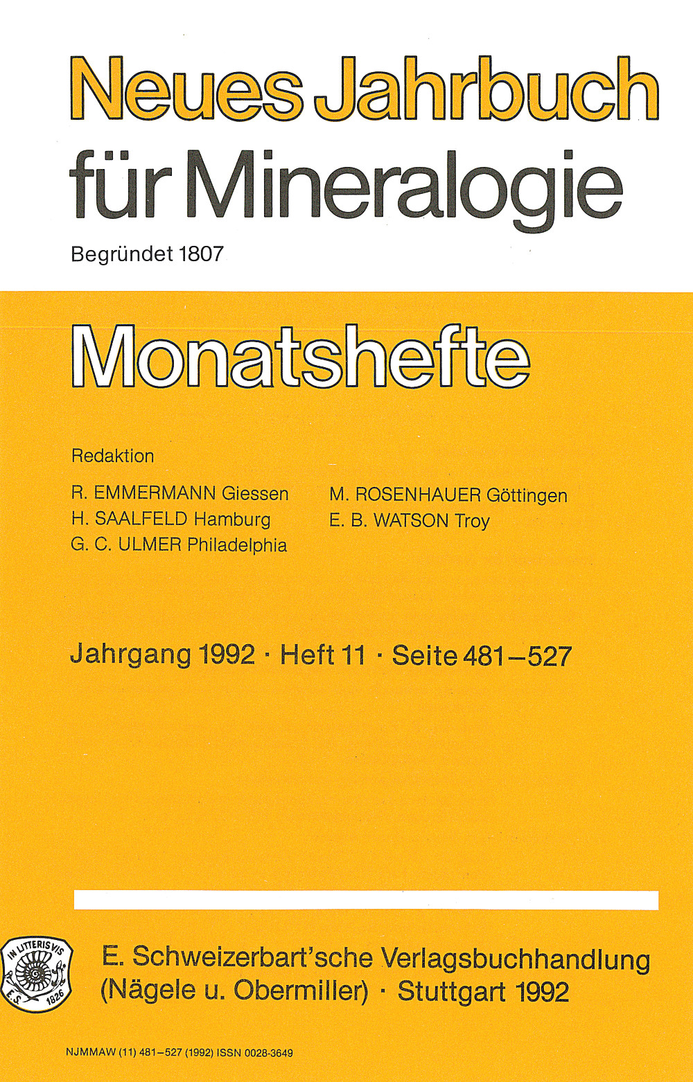 Cover image of: - Neues Jahrbuch für Mineralogie - Monatshefte Jg. 1992 Heft 11 Monatshefte (1 Vol. = 2 Semester/year, 6 nos. = 1 Semester)